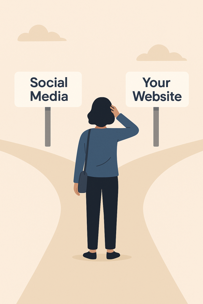 Illustration of a person deciding between social media and building their own website