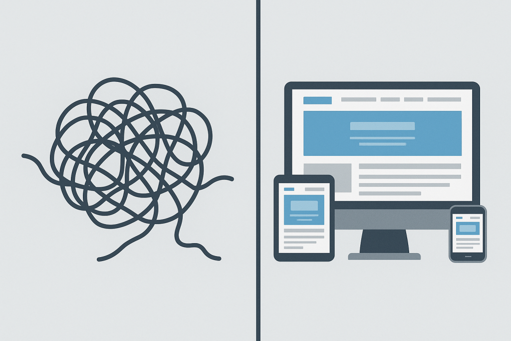 Illustration comparing messy website design with clean, responsive layout on multiple devices.