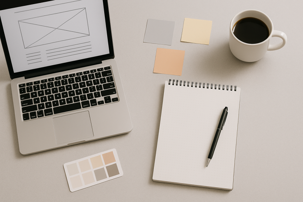 Minimal laptop setting with coffee, plant and notepad